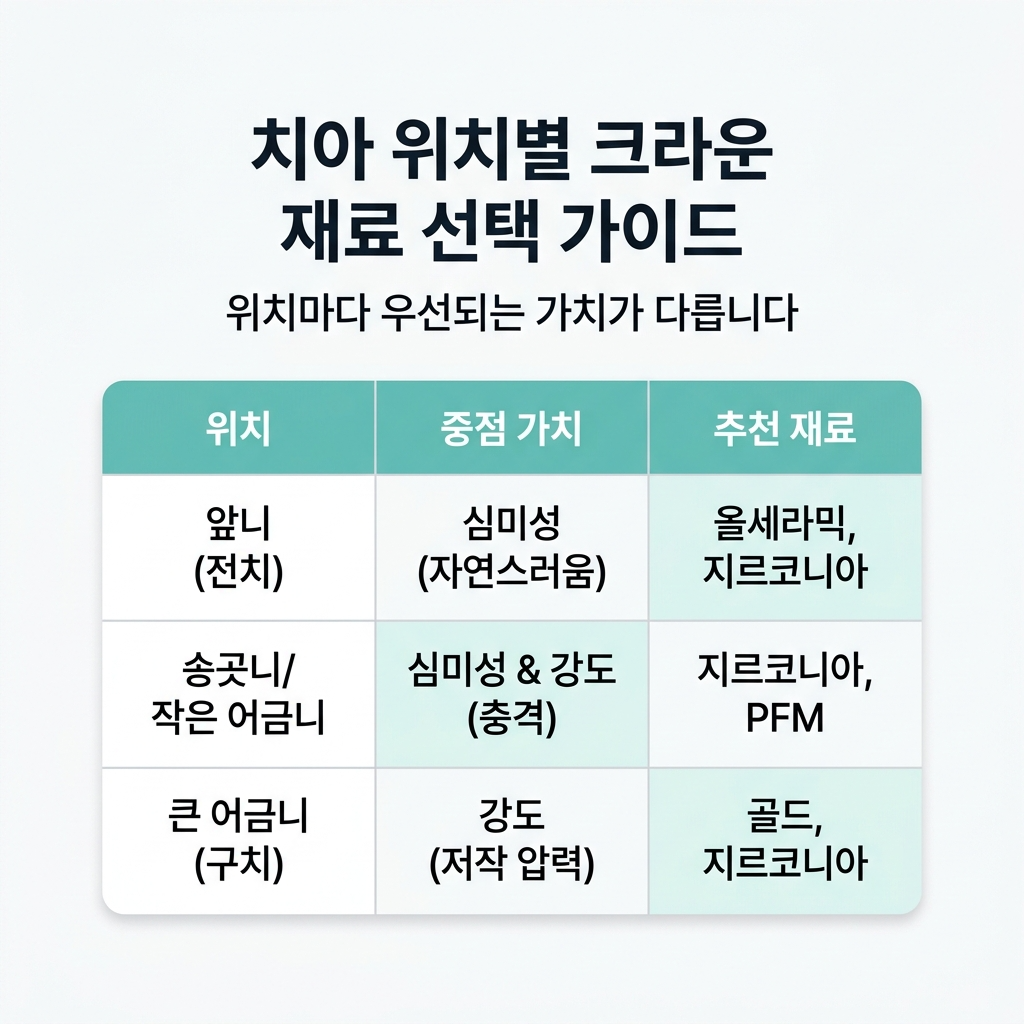 치아 위치에 따라 적절한 재료가 다름