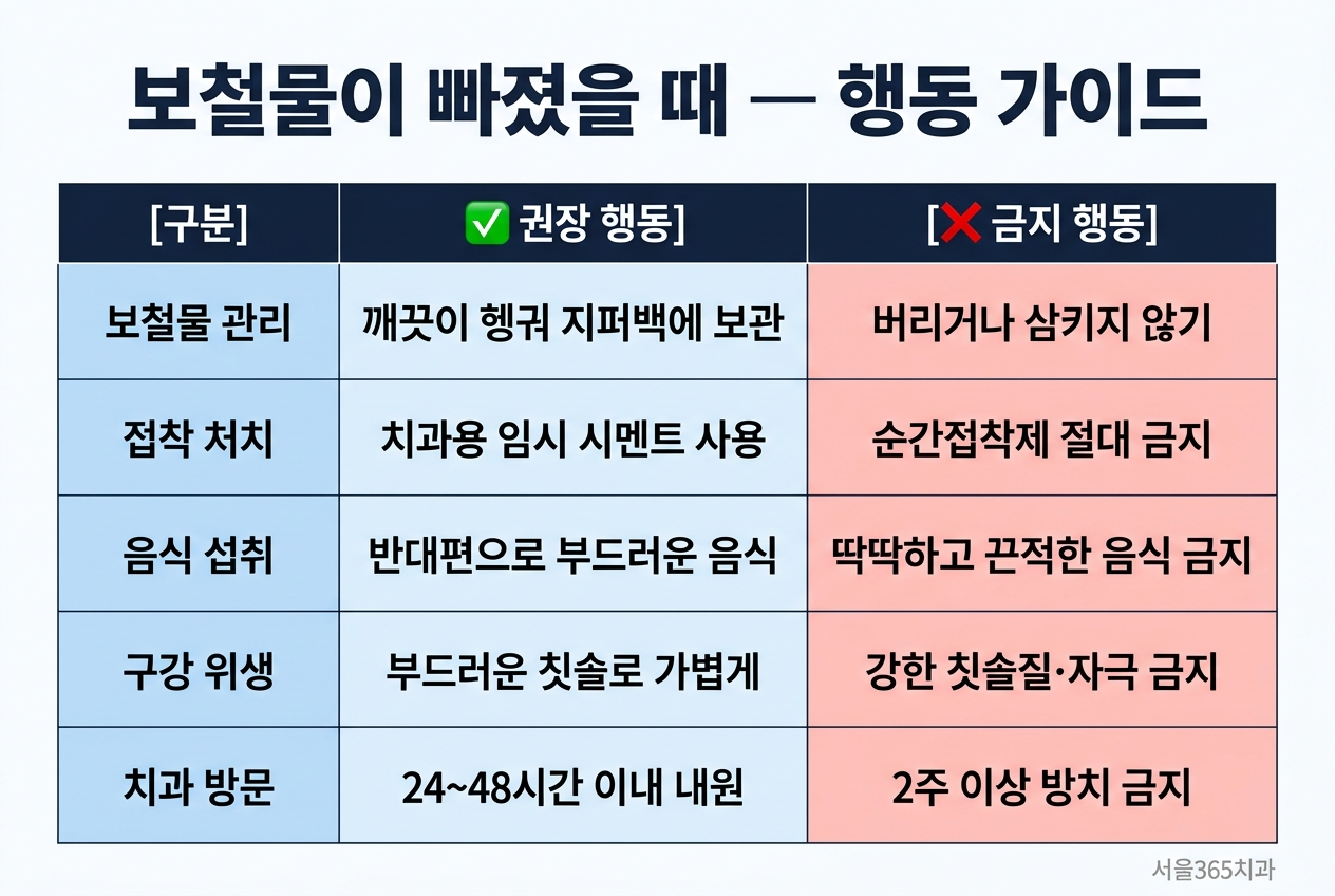 보철물이 빠졌을 때 행동 가이드
