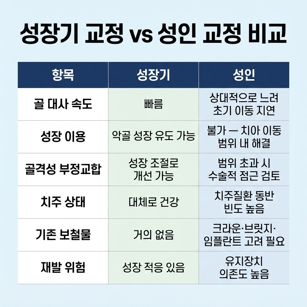 성장기 교정과 성인교정의 비교