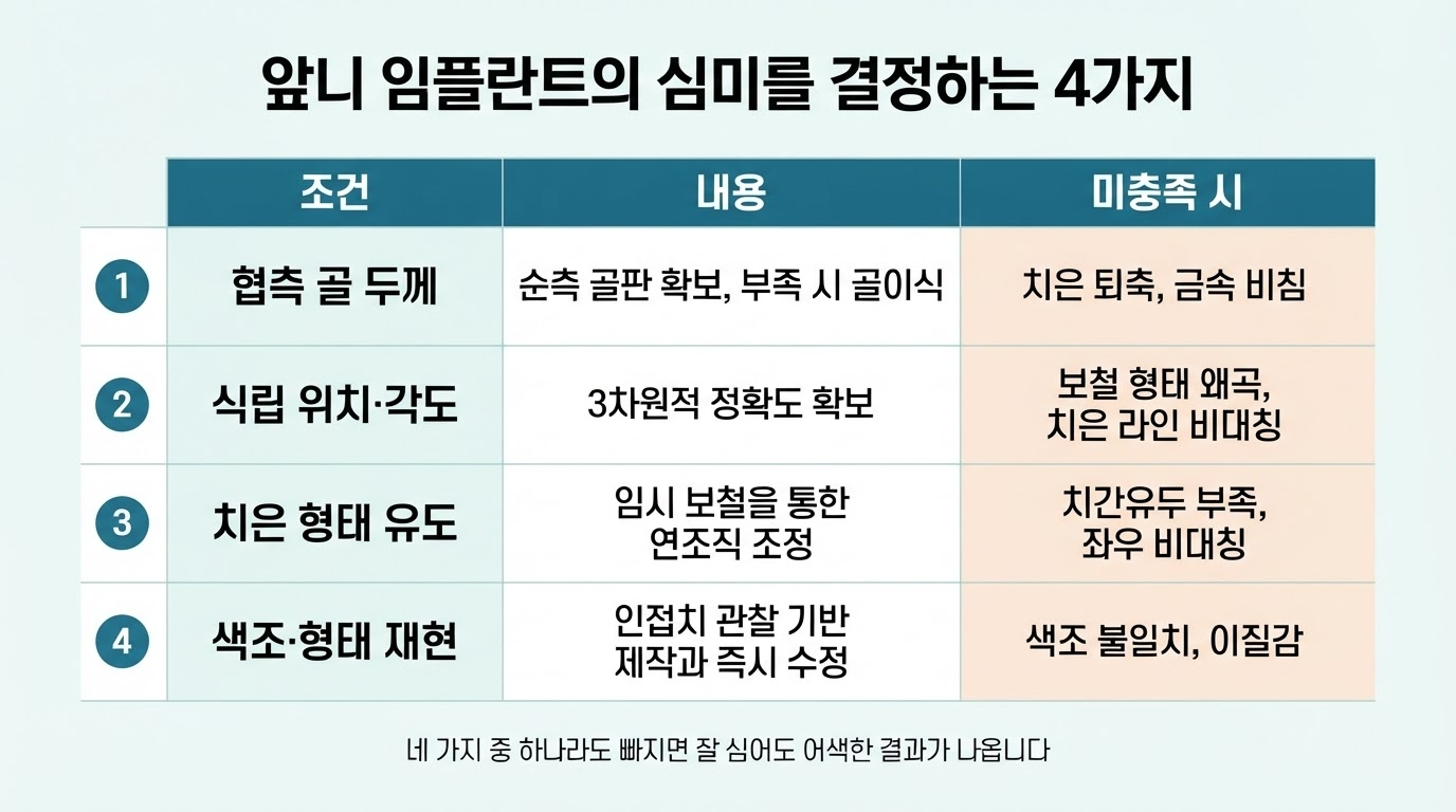 앞니 임플란트 — 어금니와 다른 4가지 조건