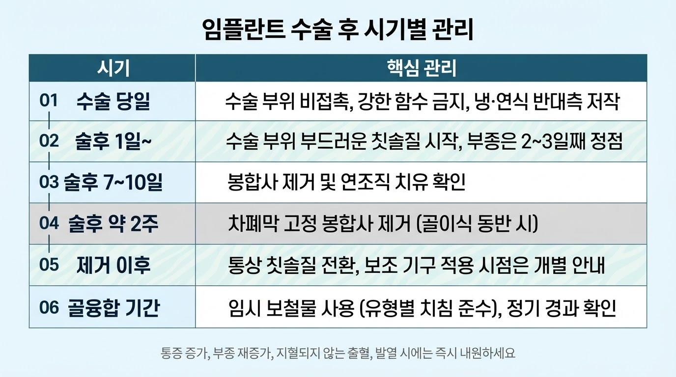 임플란트 수술 후 관리 — 실밥·양치질·임시치아